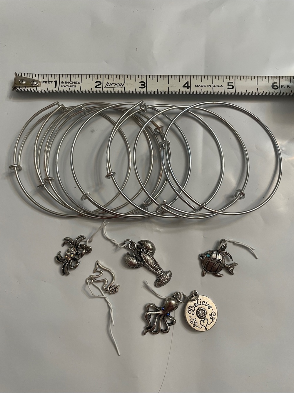 Silver Tone Expandable Charm Bangle Bracelets with Ocean Charms